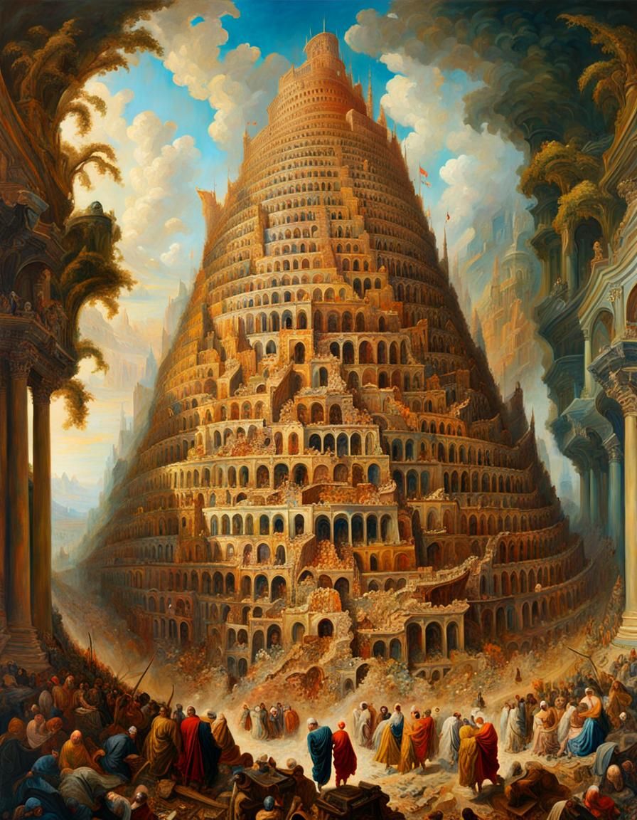 Tower of Babel Collapsing: Neo-Impressionist Oil Painting