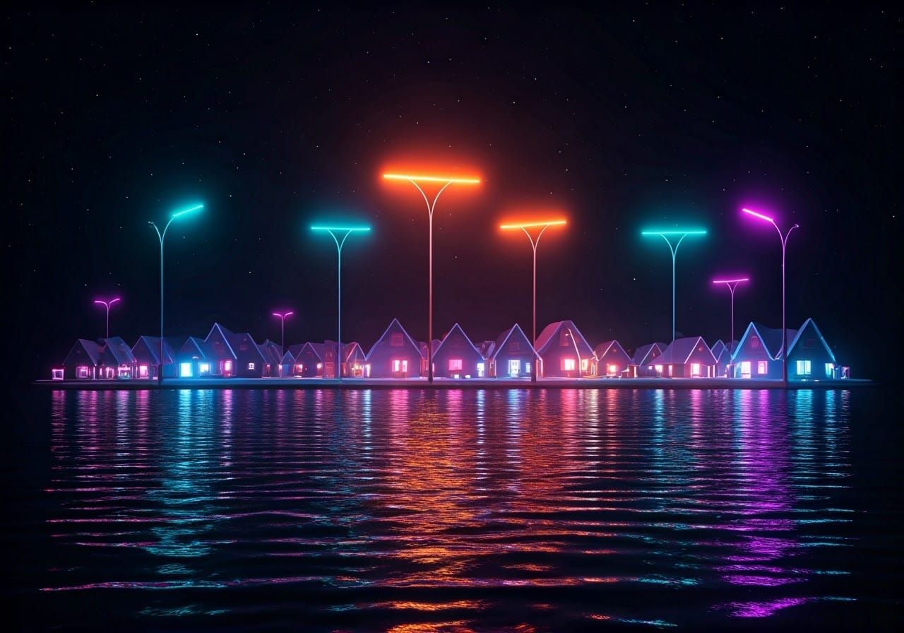 Moonlit Lake Houses in Synthwave Neon Style