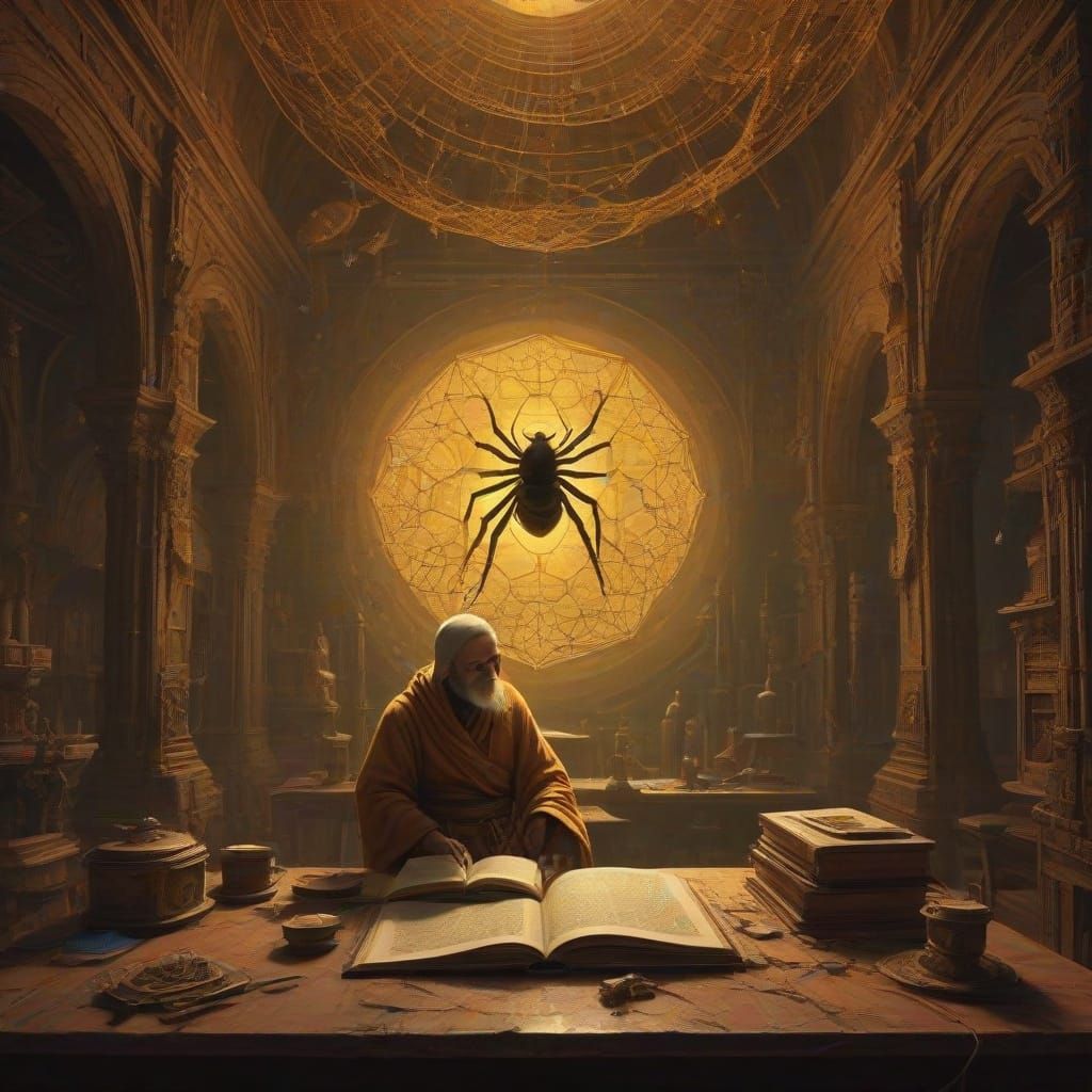 Templar Monks Contemplate Fractal Symbolism in Golden Glow