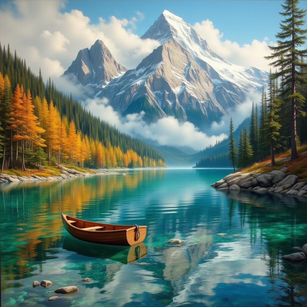 Tranquil Mountain Lake Oil Painting with Rowboat