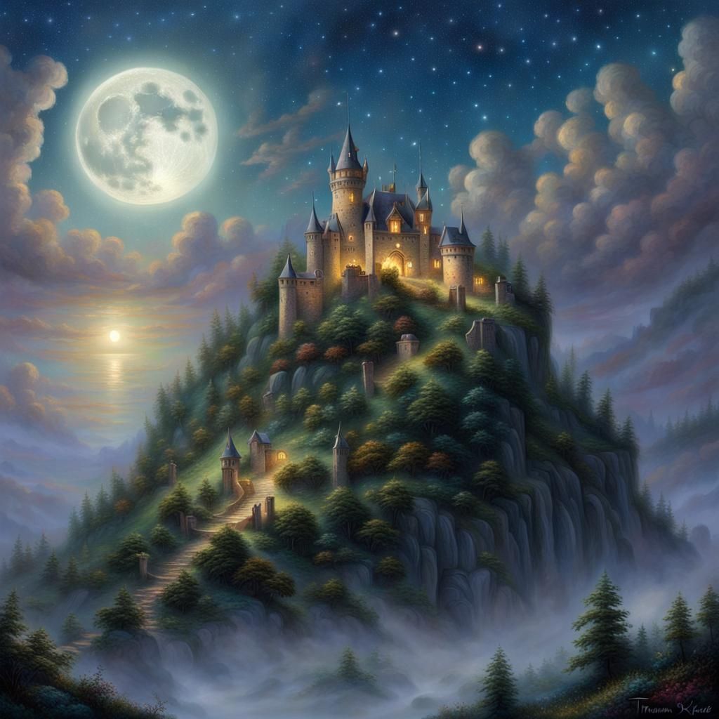 castle on the hillside, night, moon,
​