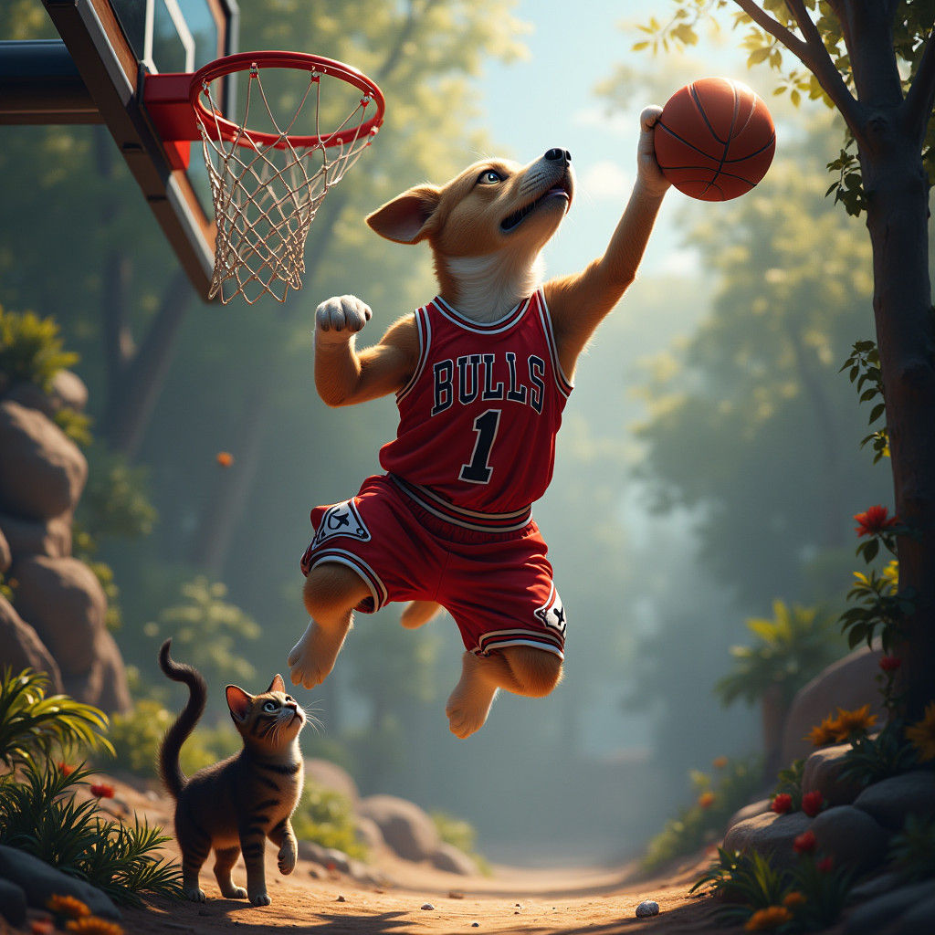 Dog in Bulls Jersey Dunks on Cat in Fantasy Scene