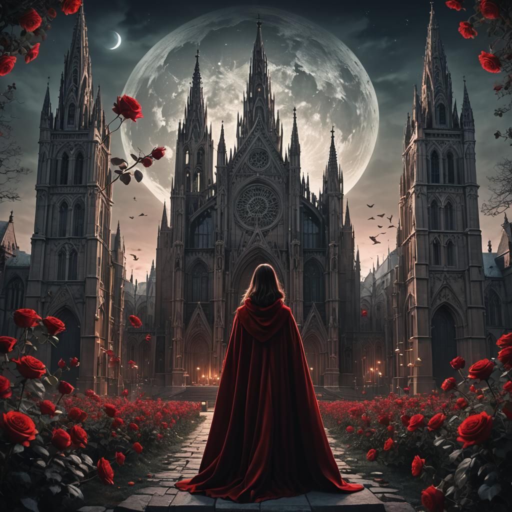 Girl in Red Cape Under Moonlight, Gothic Cathedral