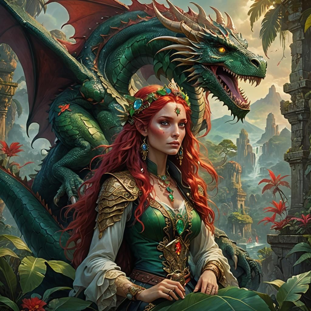 Pirate Queen and Dragon in Jungle, 3D Render