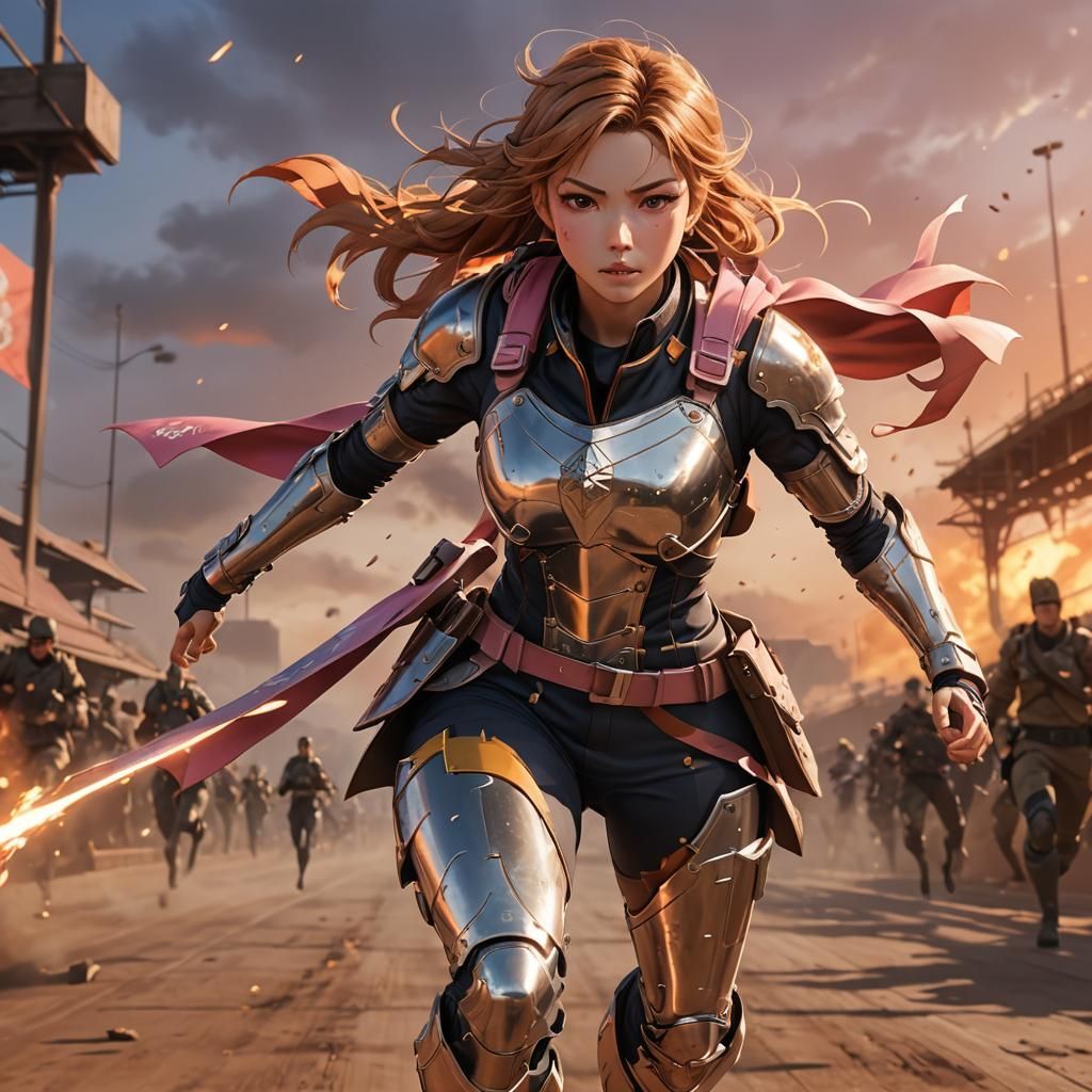 Anime Woman in Armor Runs at Sunset