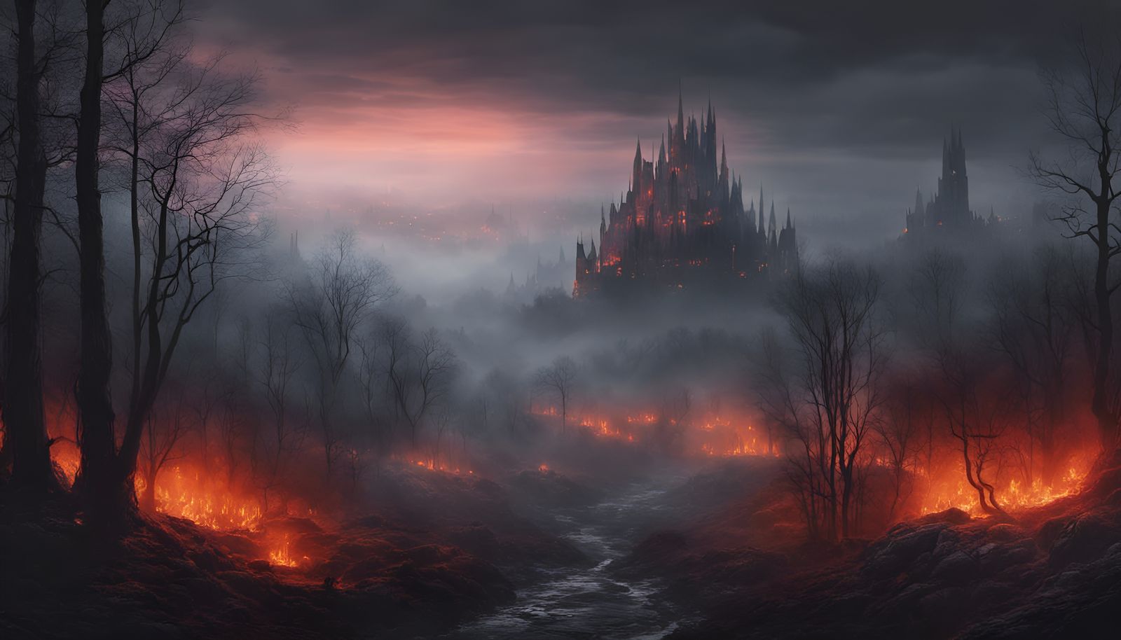 Dark Forest and Burning City: Fantasy Landscape