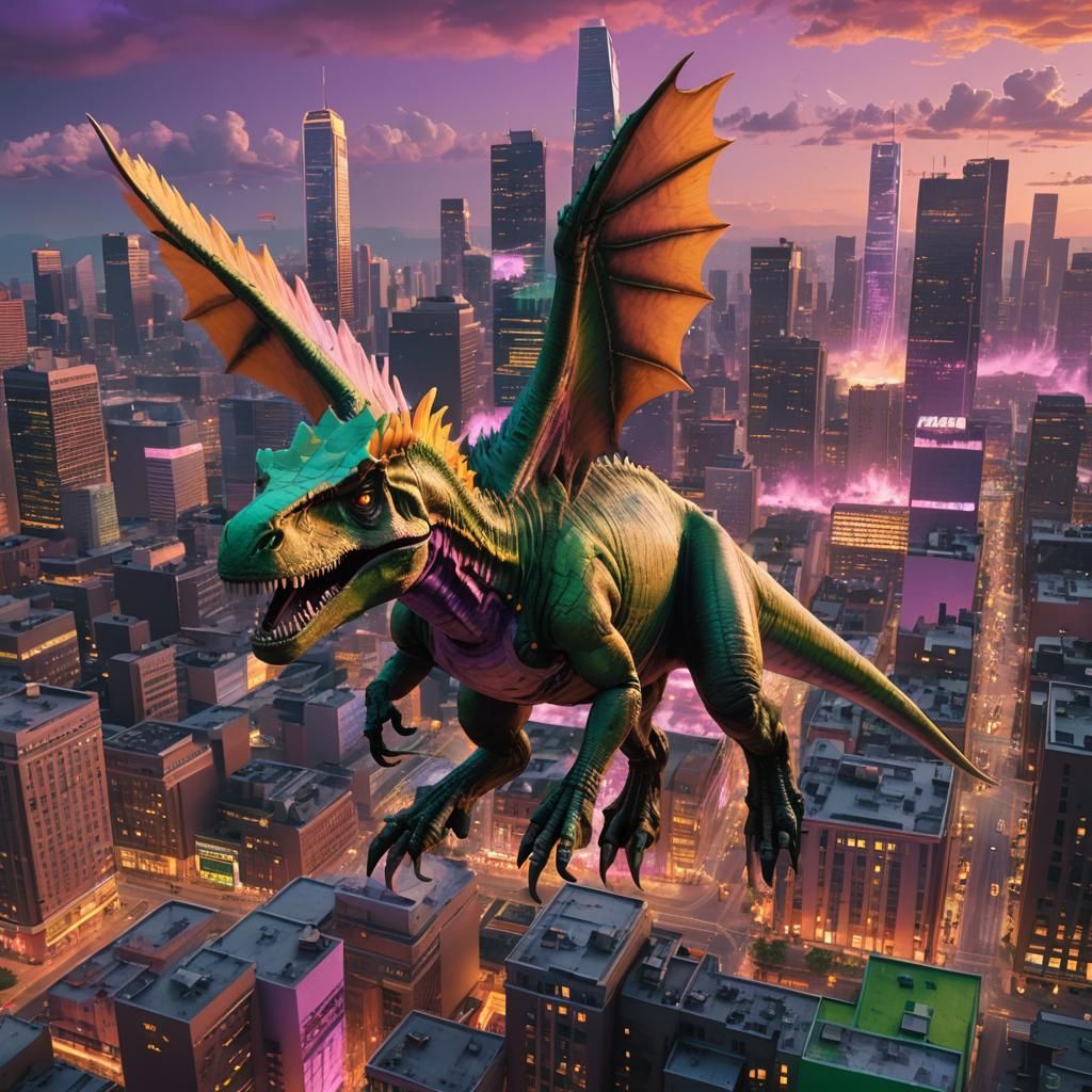 Hyper-Realistic, Glitch-Art T-Rex Soars Over a Vibrant City