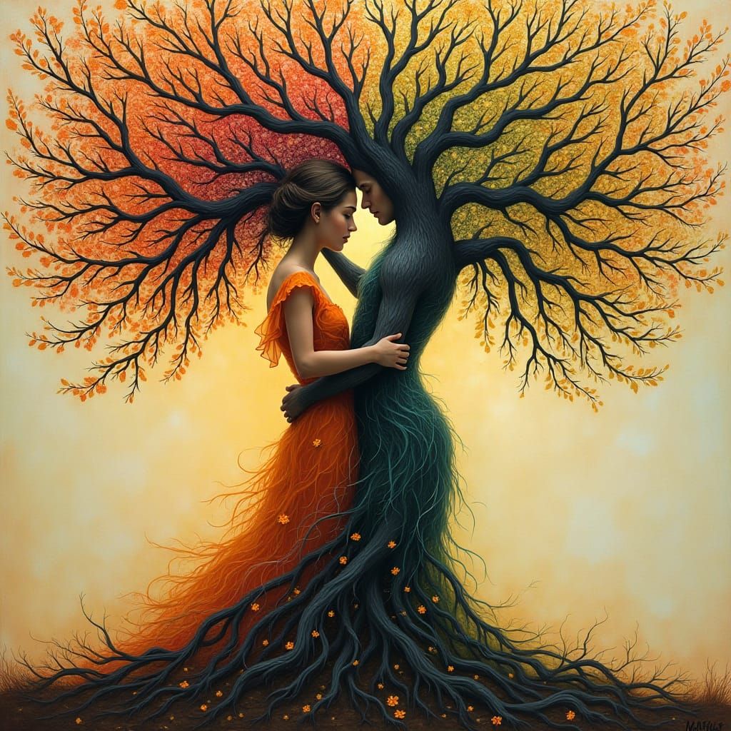 Lovers Transform Into Tree in Encaustic Style