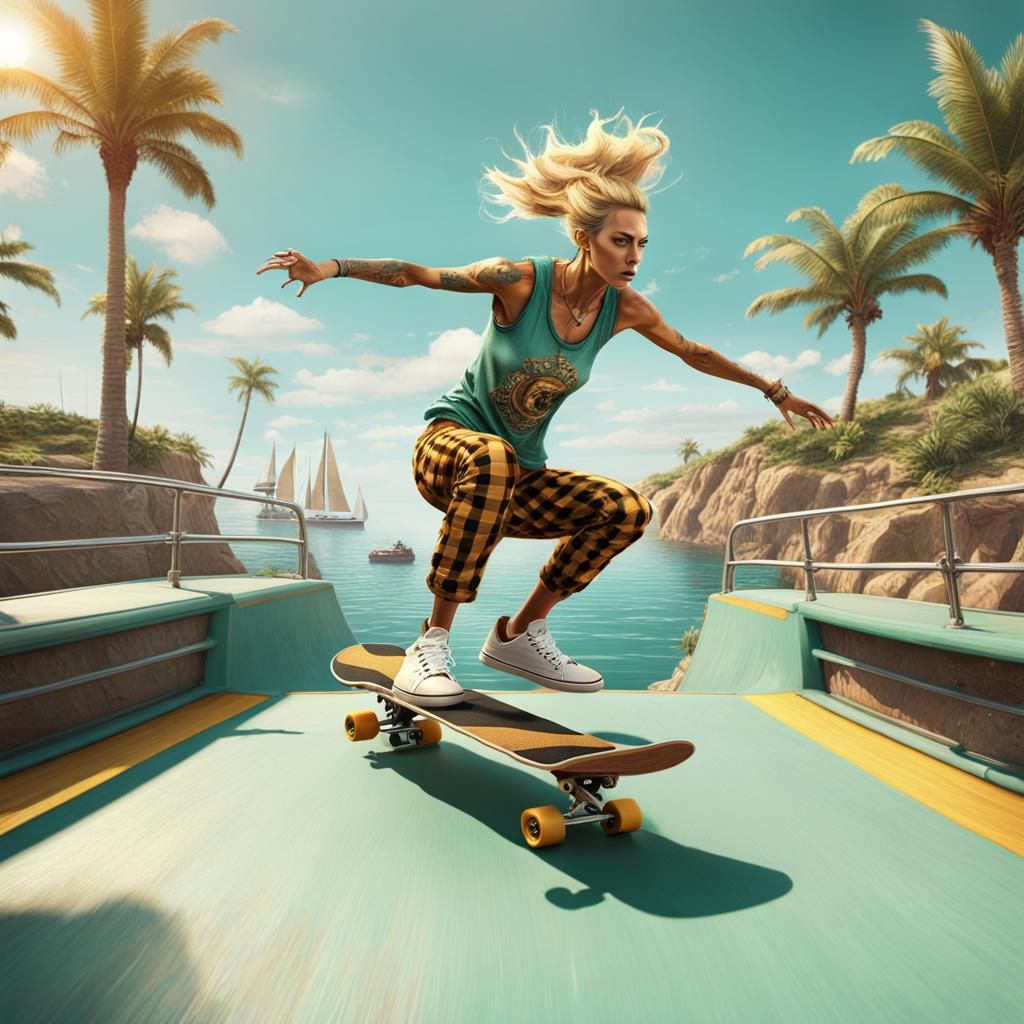 Kung Fu Monk Skateboarder on Yacht, Matte Painting