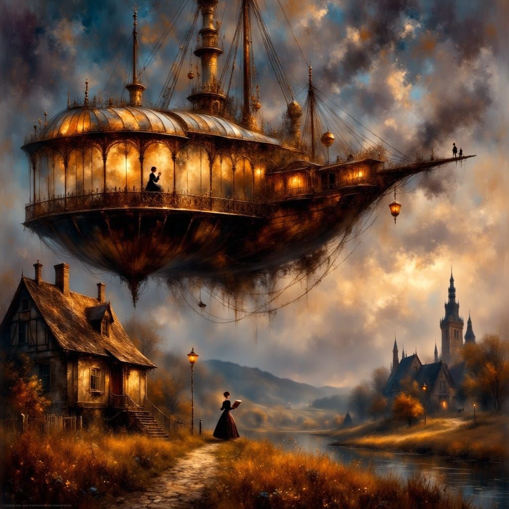 Steampunk Airship Over Medieval Village at Dusk