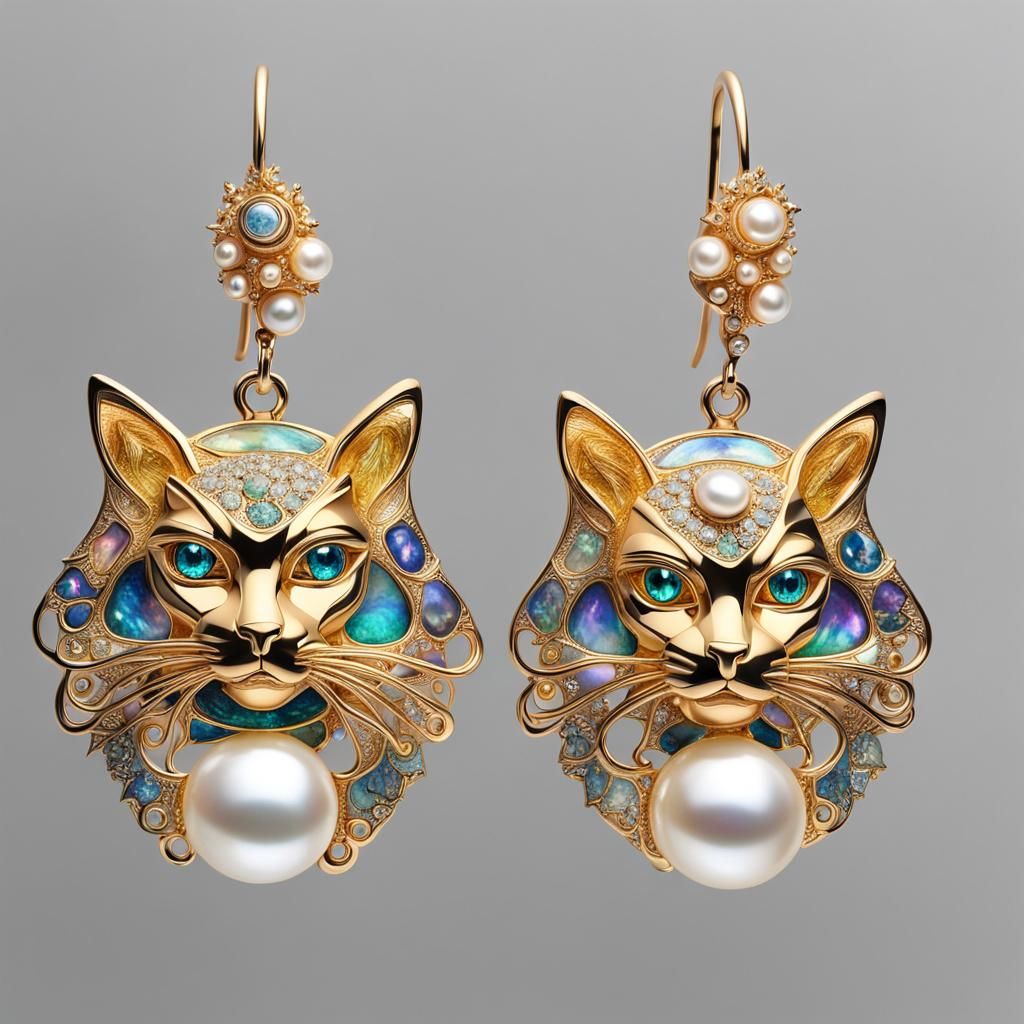 Gold Cat Earrings with Diamond and Pearl Design