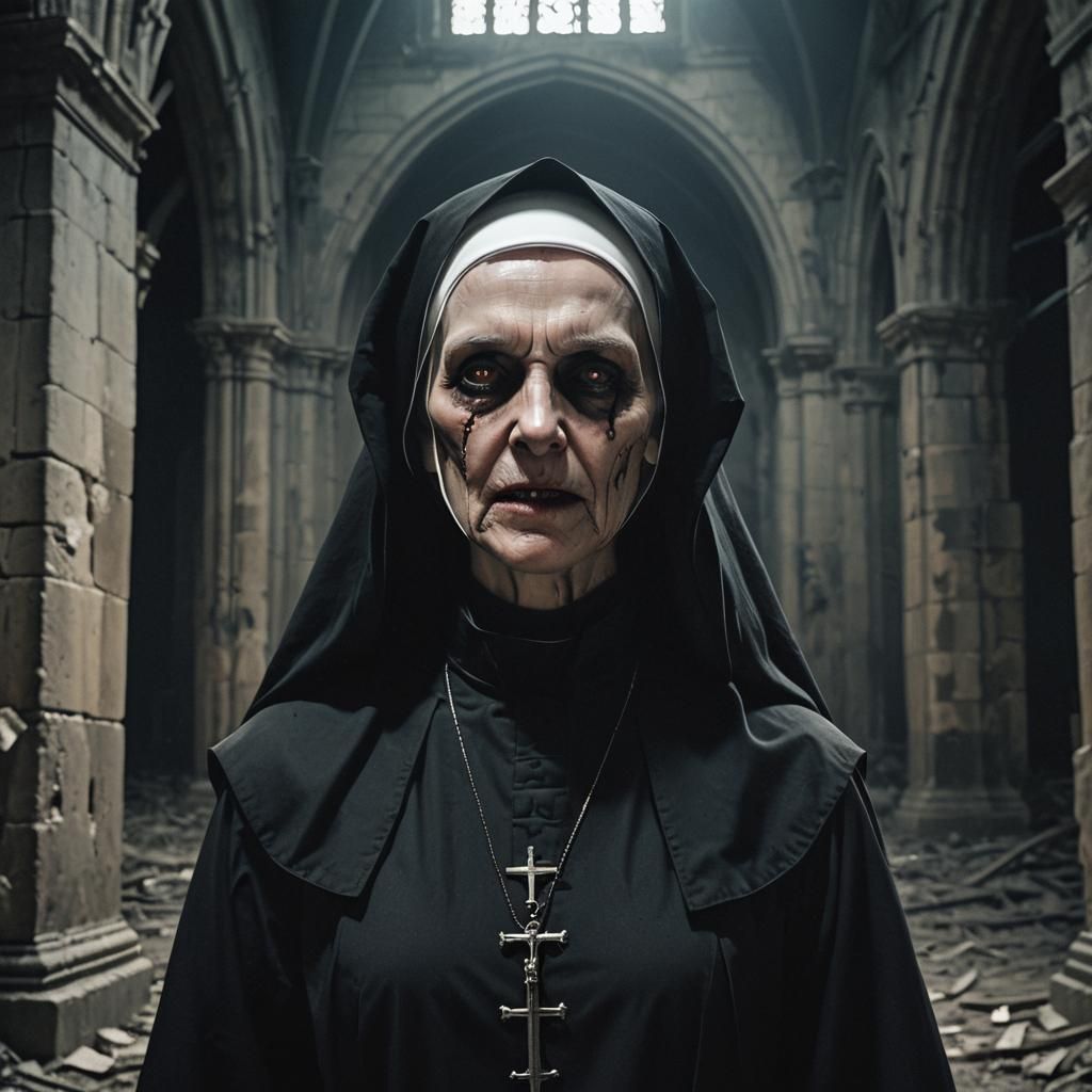 Evil Nun in Dark Cinematic Horror Scene
