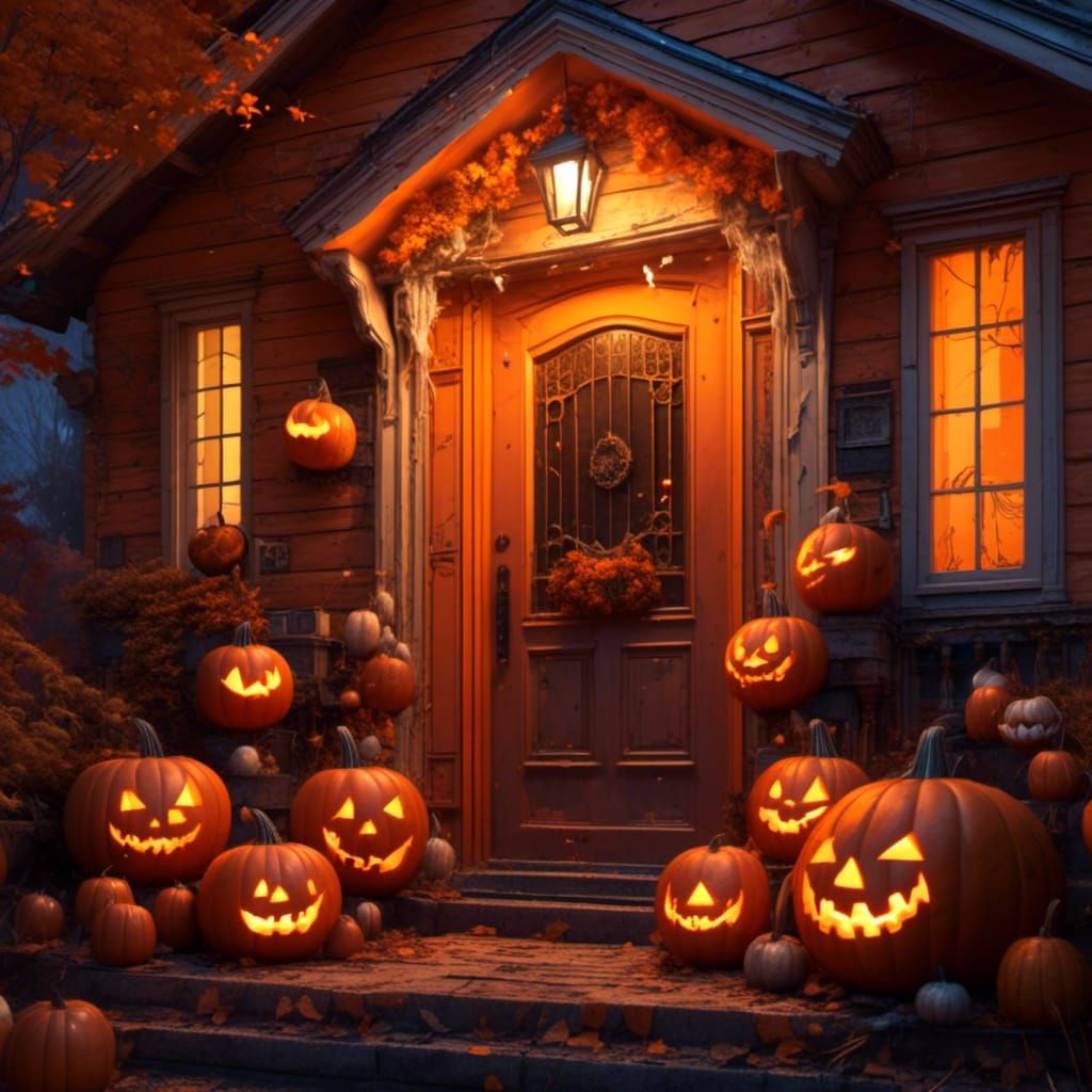Halloween Pumpkins with Silly Faces on Spooky Porch