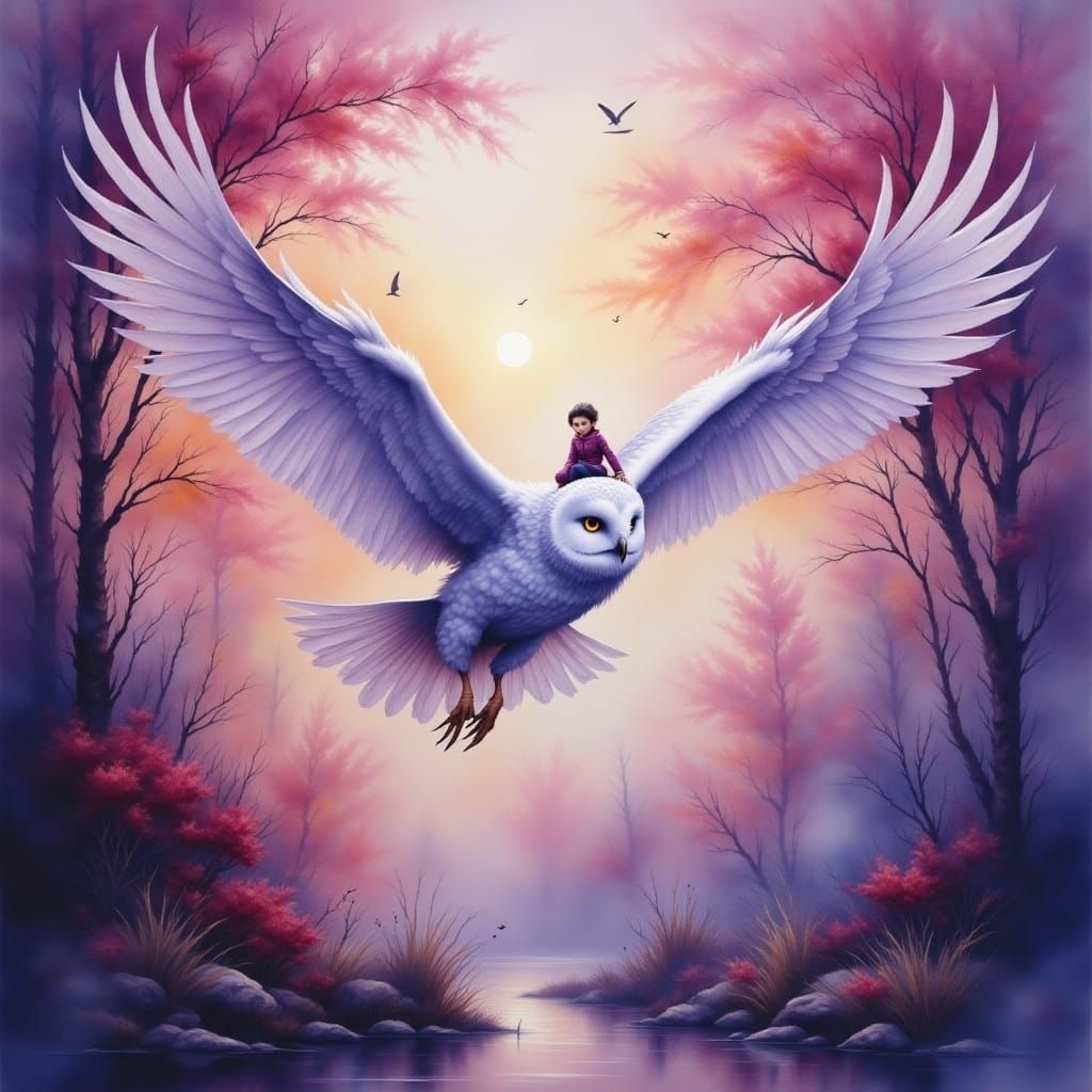 Majestic White Owl Takes Flight with Enchanting Young Passen...