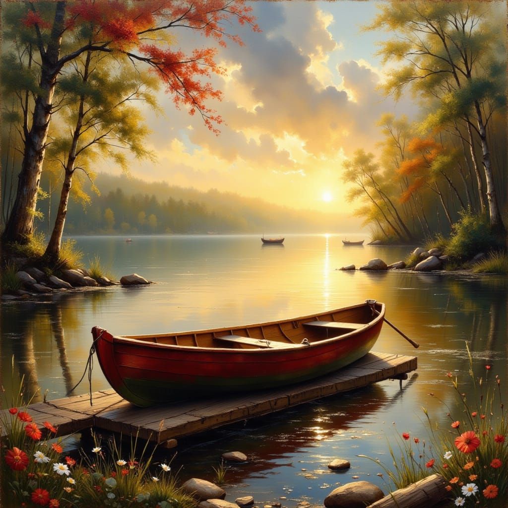 Lakeside Rowboat at Golden Hour in Impressionistic Style