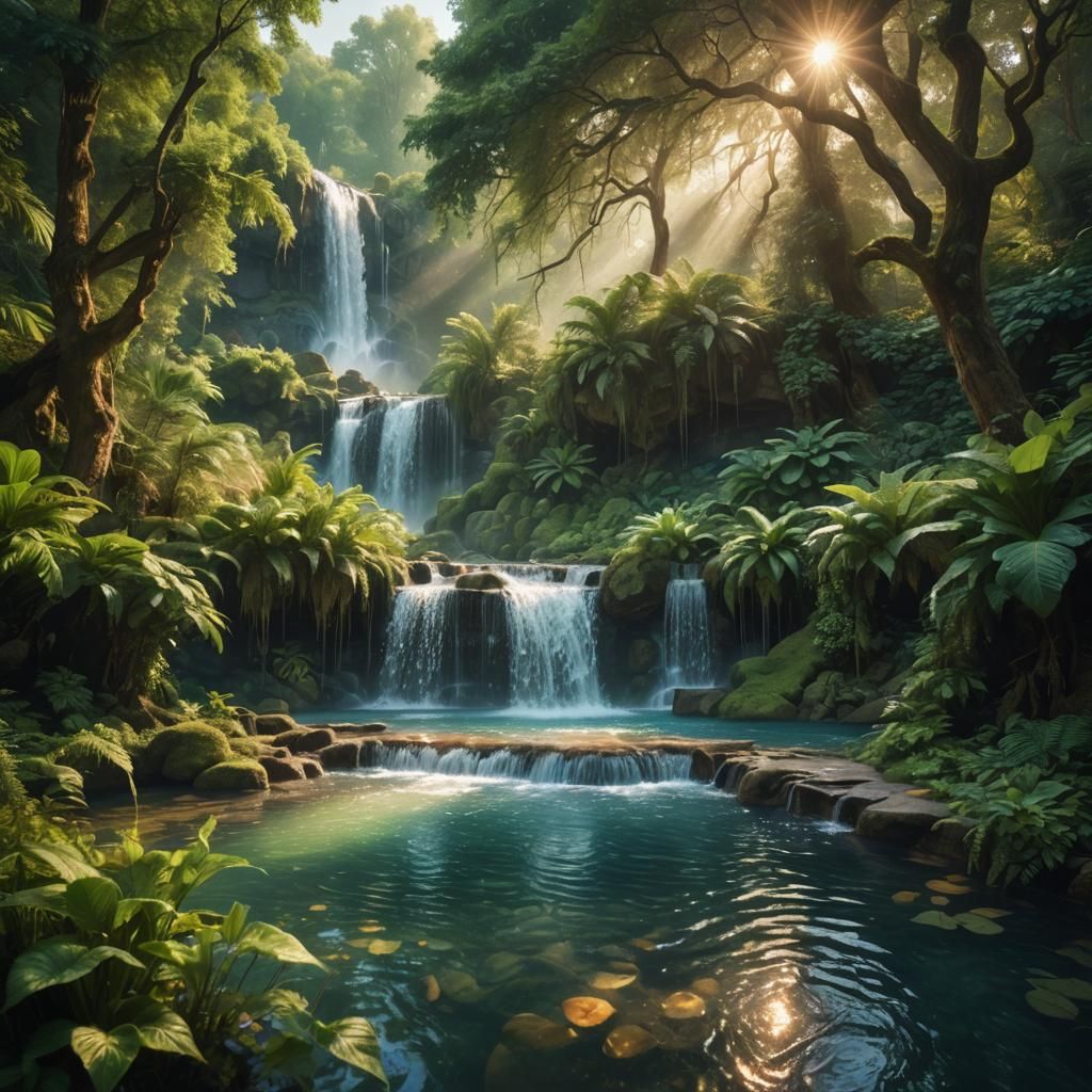 Dreamlike Fantasy Waterfall Scene in Cinematic HDR
