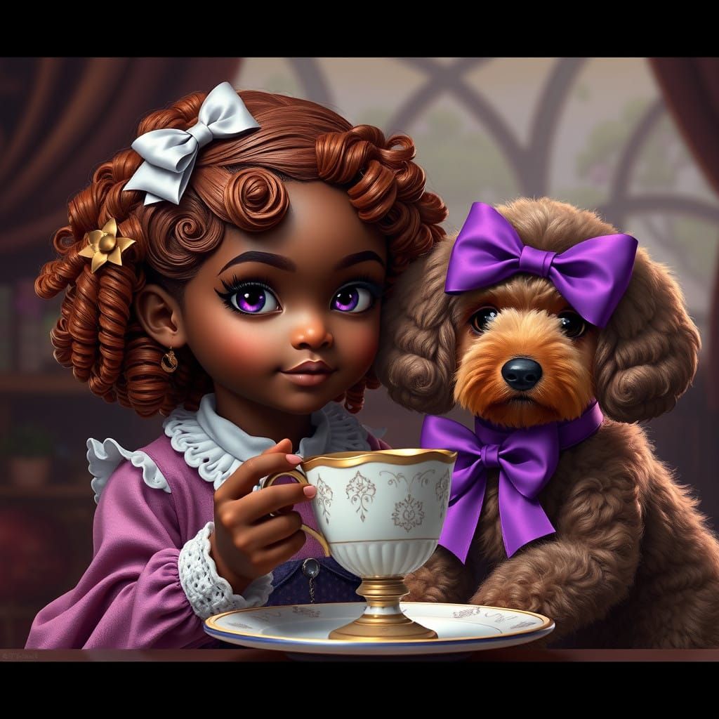 Formal Fantasy Tea Party with Little Girl and Poodle in Vibr...