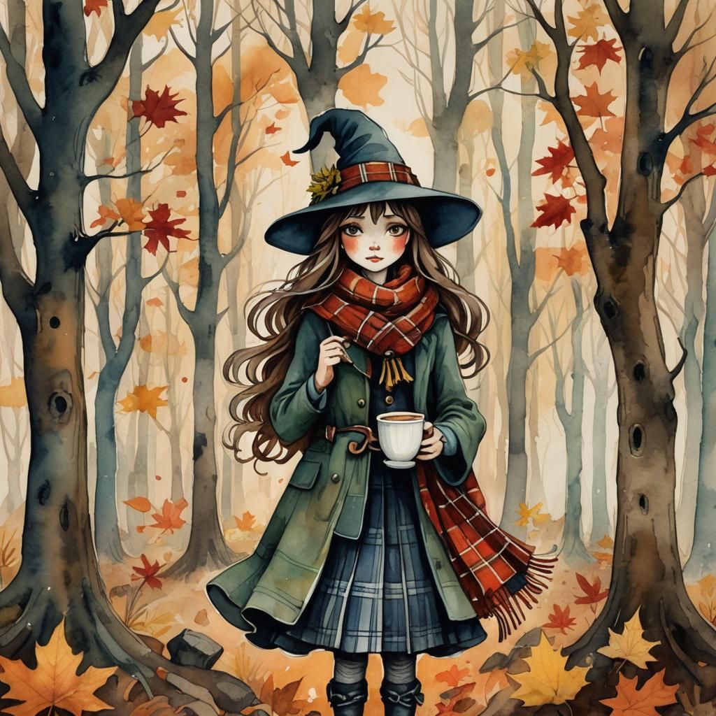 Chibi Witch in Fall Forest, Art Nouveau Watercolor