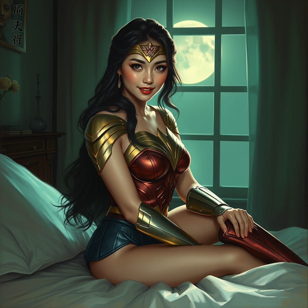 Ethereal Korean Goddess in Wonder Woman Regalia by Moonlight