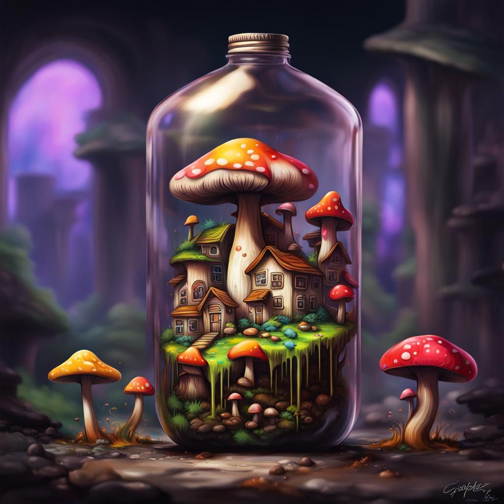 Mushroom Town in Bottle: Graffiti Art Style