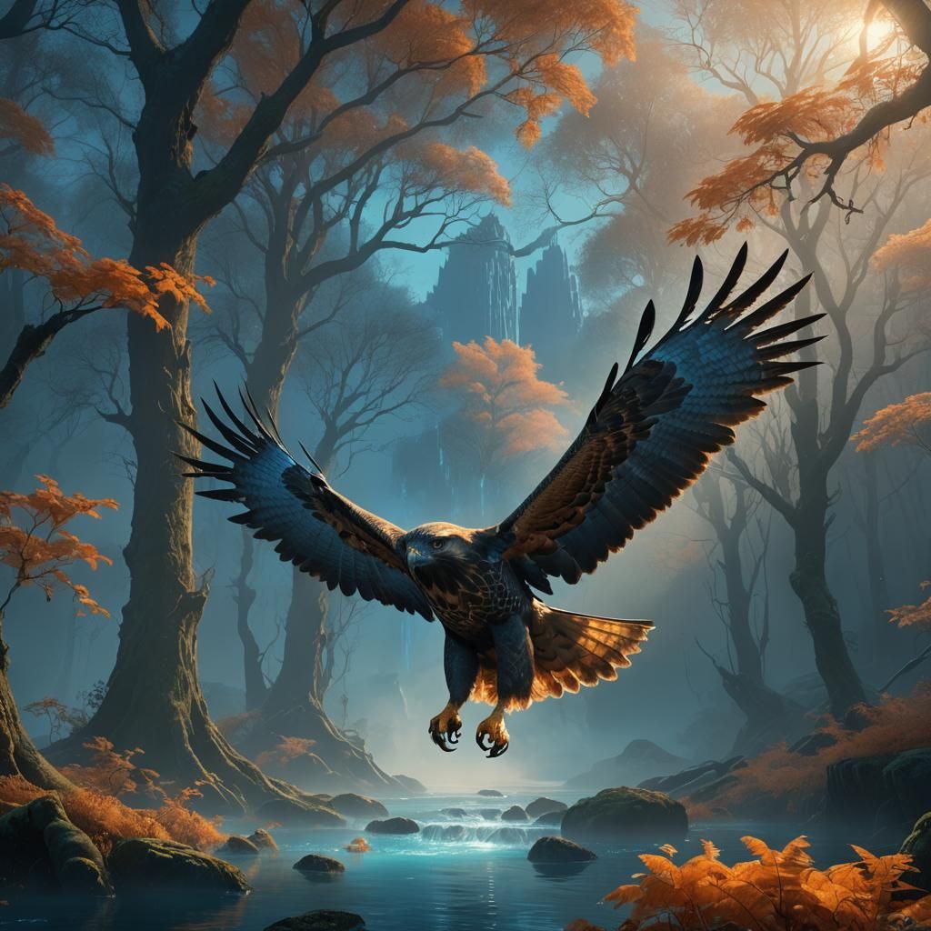 Giant Hawk Flies Over Enchanted River