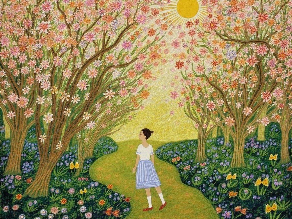 Enchanting Apple Blossom Garden Scene in Whimsical Art Nouve...
