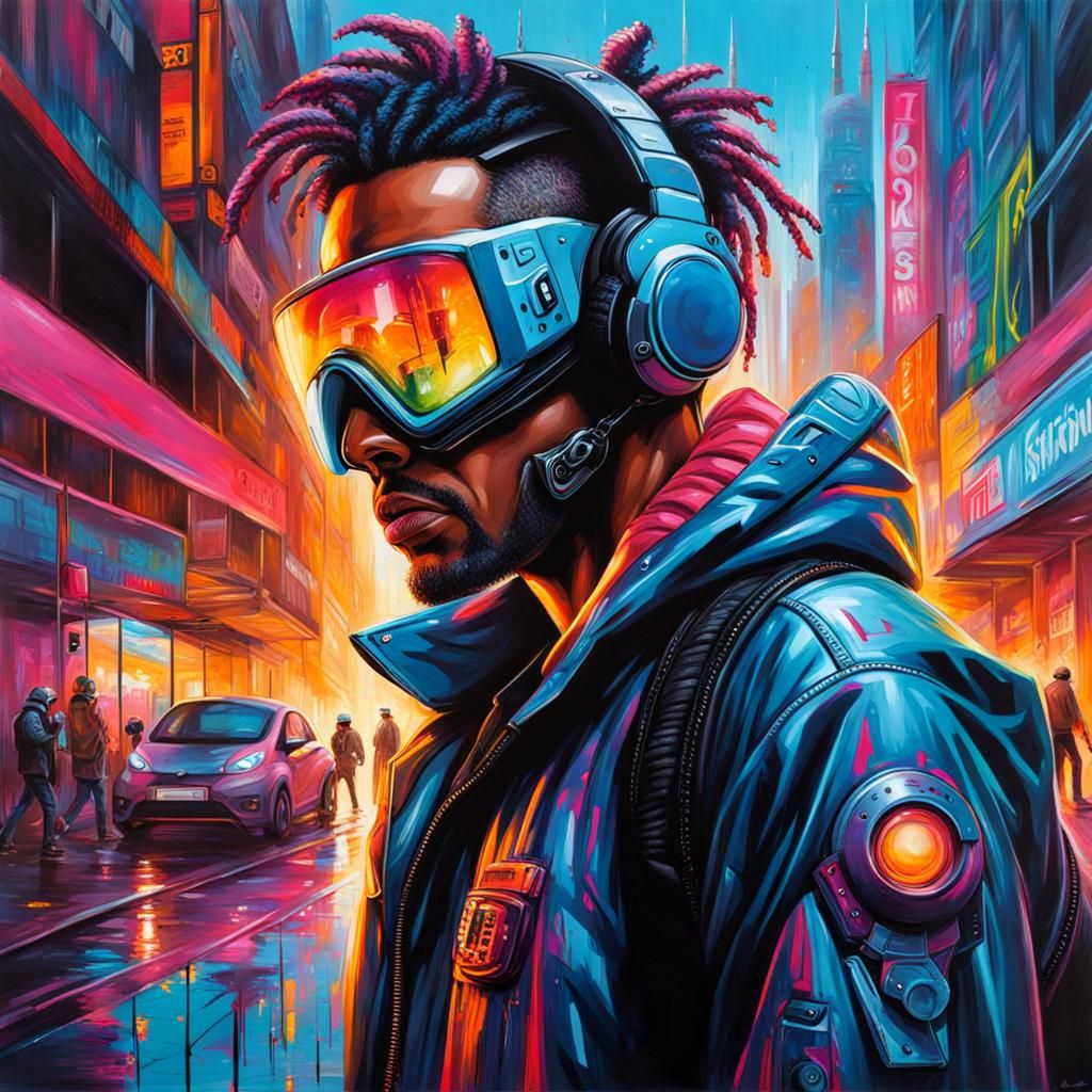 Cyberpunk Man Walks Futuristic London Street