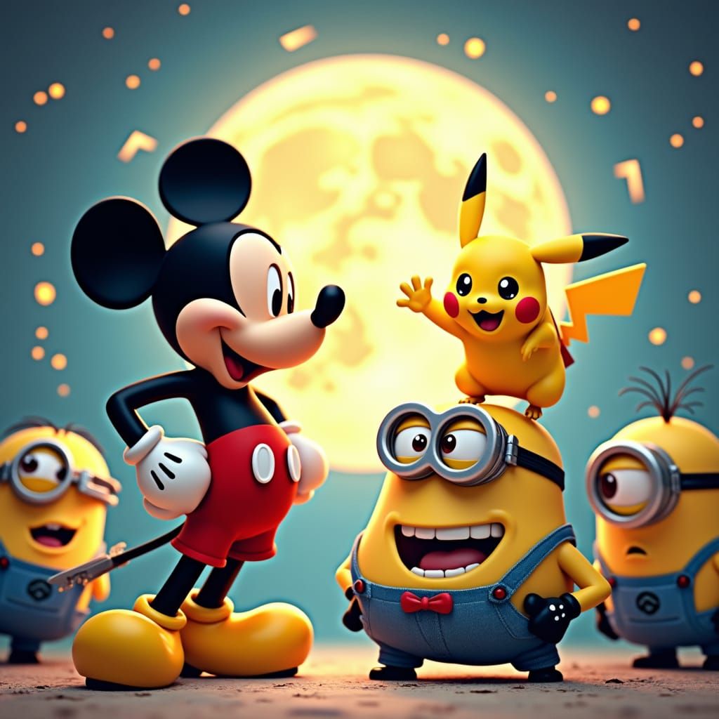 Mickey, Pikachu, Gru, and Minions Unite