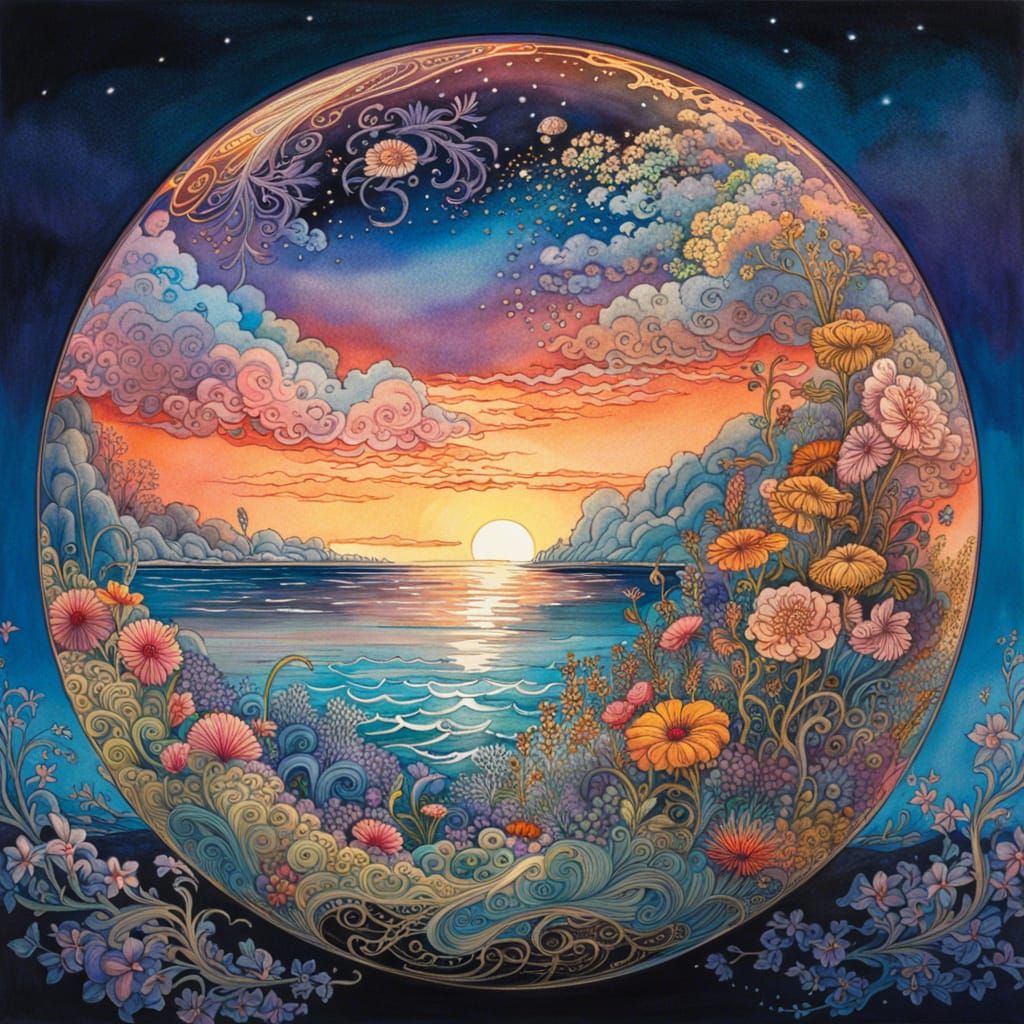 Watercolor Beach in Glass Orb: Fantasy Hologram