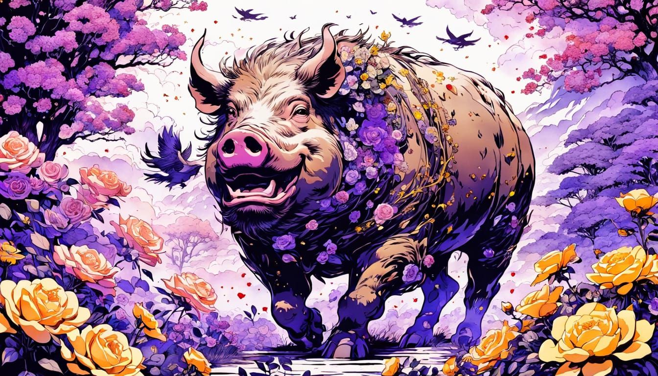 Surreal Asian Pig in Vibrant Spring Landscape