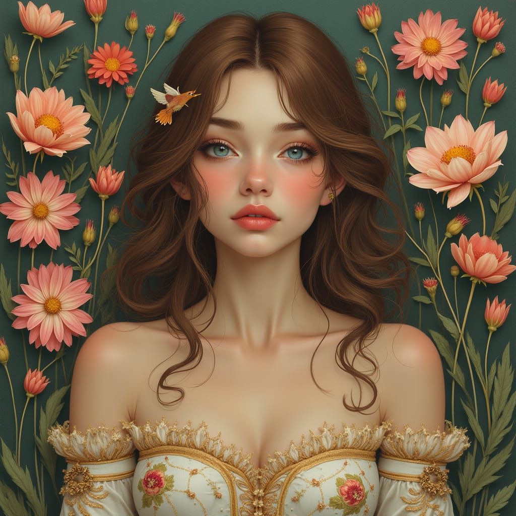 Elegant Woman Surrounded by Whimsical Flowers in Art Nouveau...