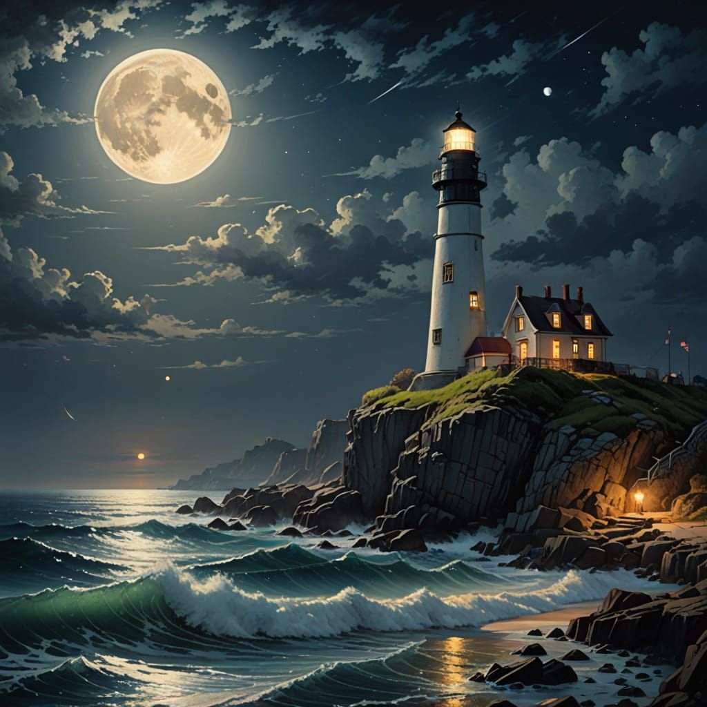 Lighthouse Under Full Moon: Detailed Digital Illustration