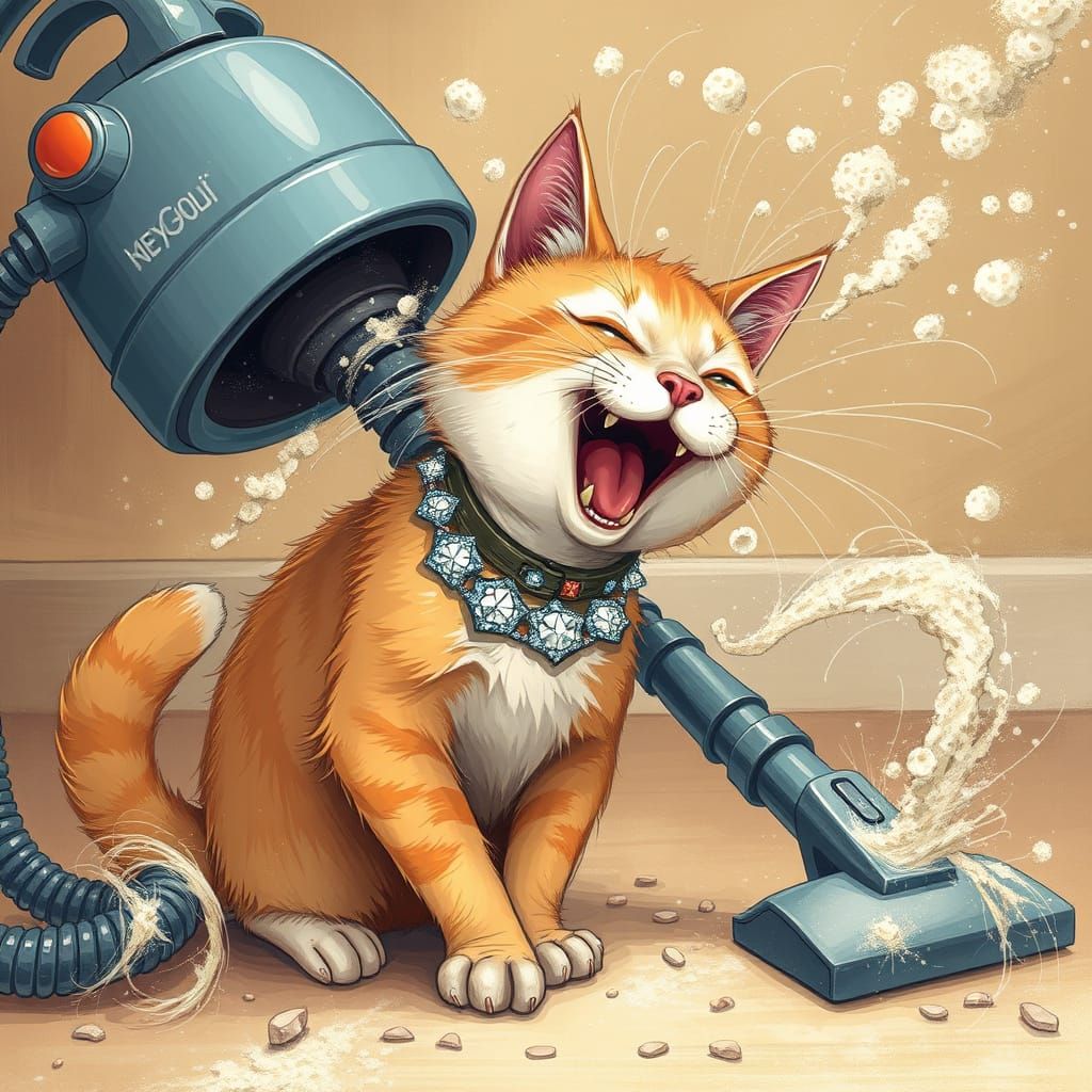Cat Hisses at Vacuum in Playful Dust Whirlwind