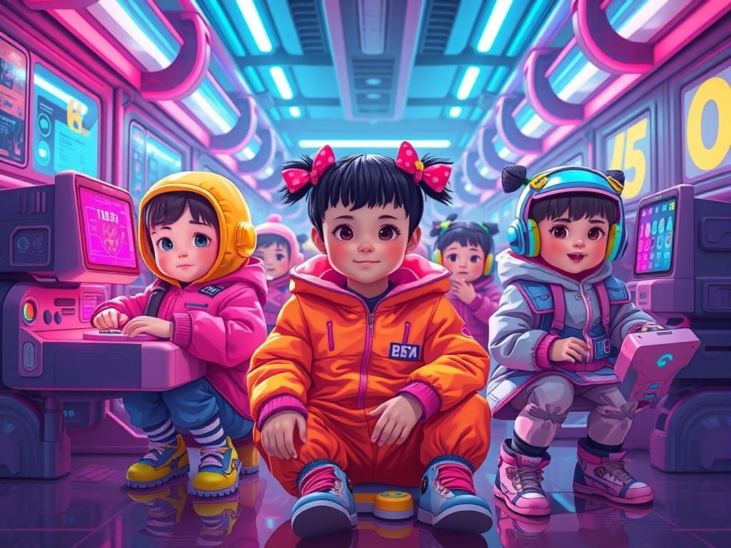 Futuristic Kindergarten with Children in Neon Style