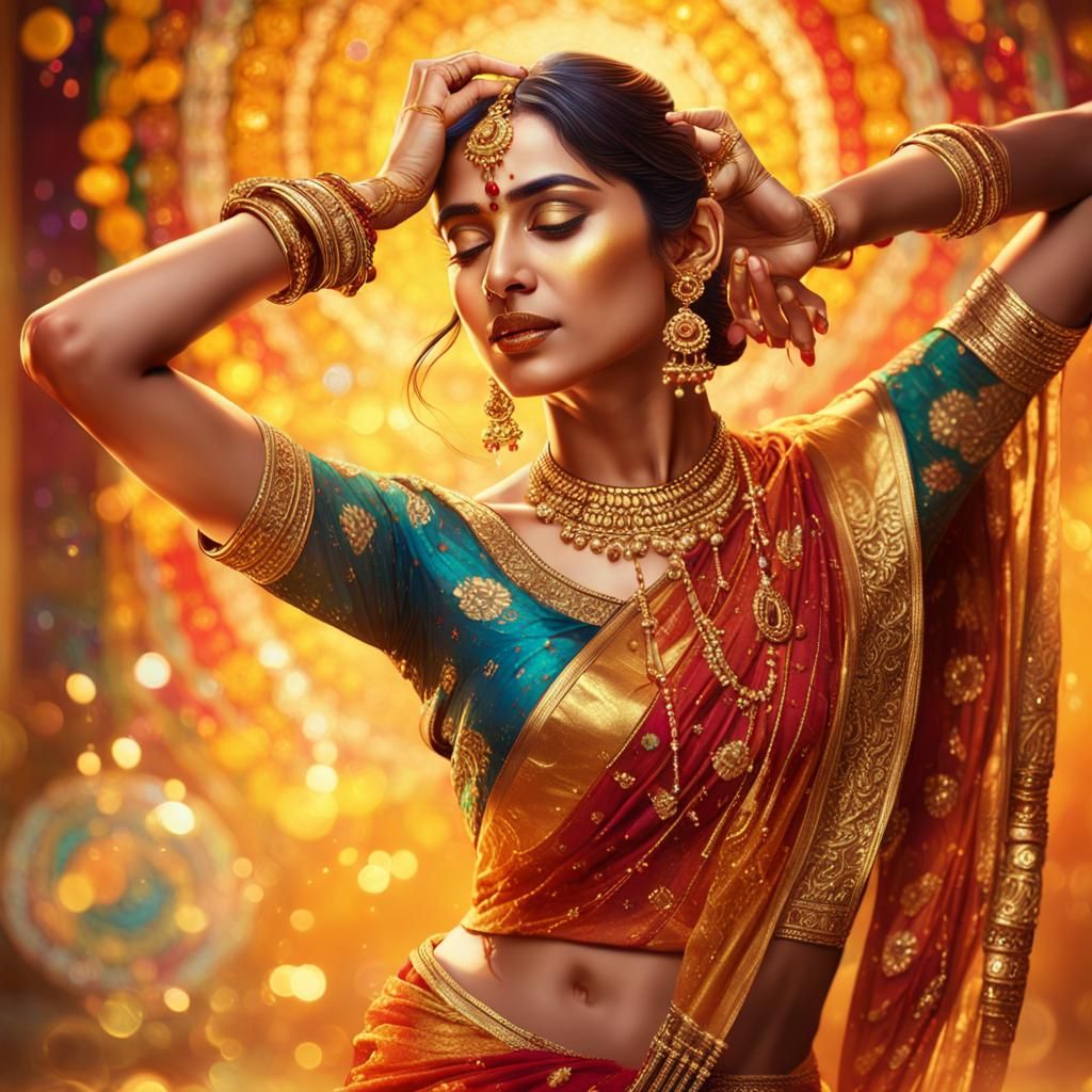 Indian Woman Dancing in Sari with Kintsugi Style