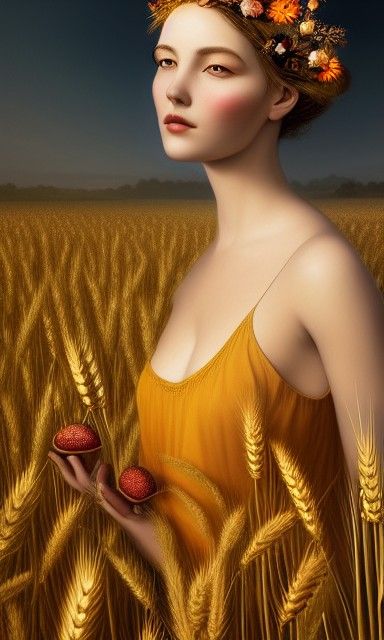 Autumn Goddess in Wheat Field: Realistic Oil Painting