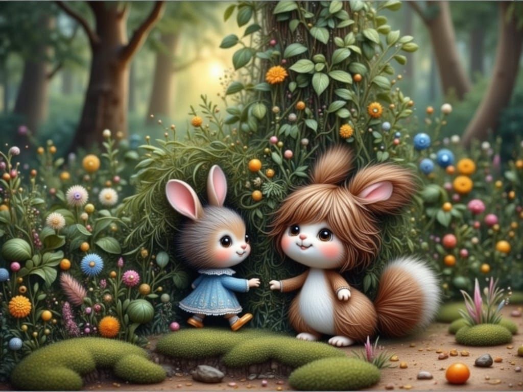 Whimsical Bunny and Squirrel in Forest Scene
