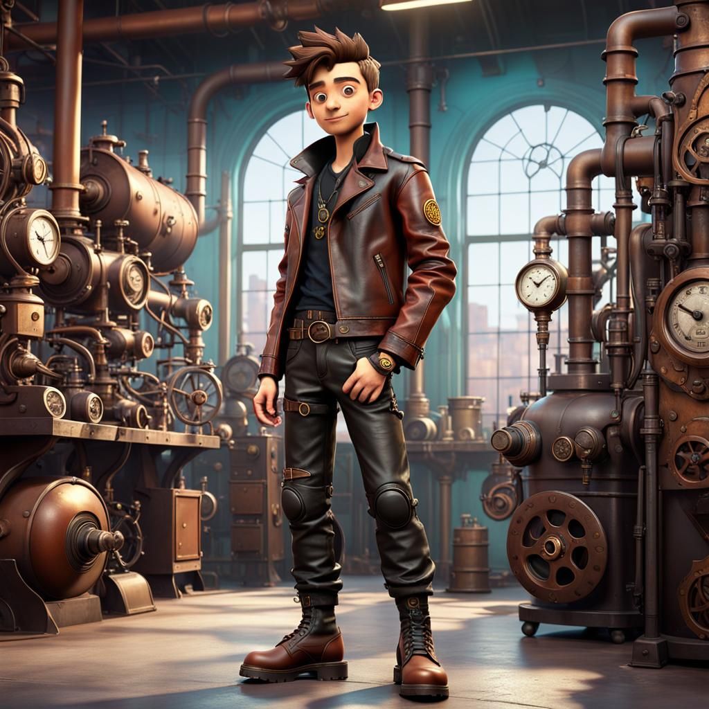Steampunk Boy in Factory: 3D Digital Art