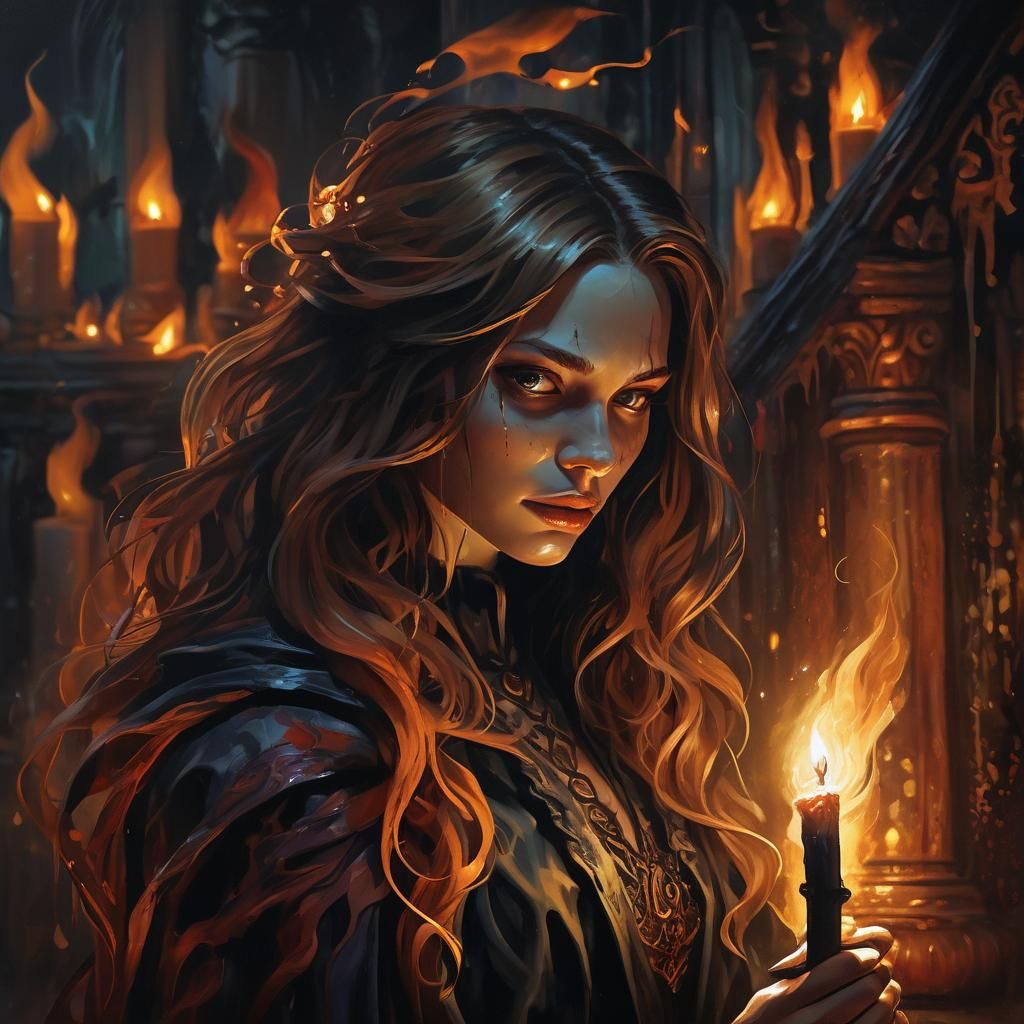 Sorceress Holding Candle in Dark Fantasy Oil Painting