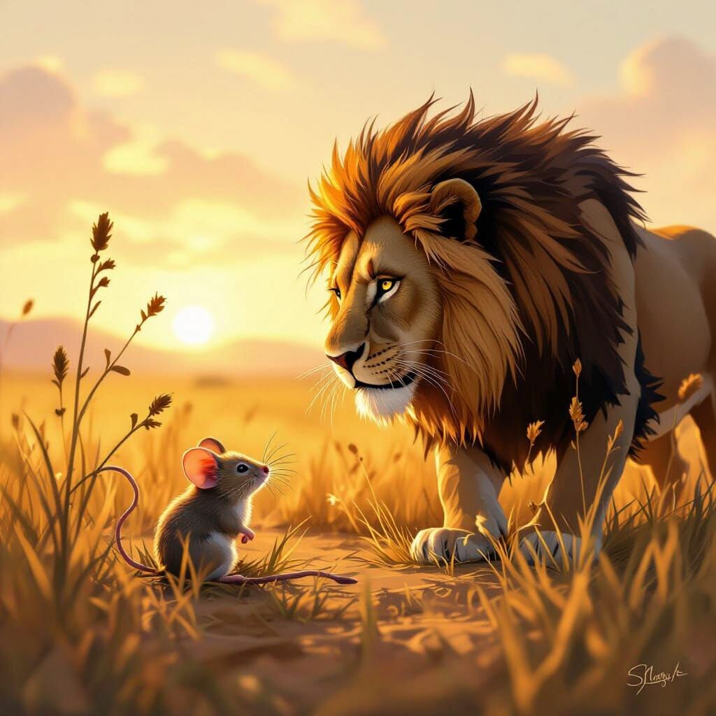Lion and Mouse in Golden Light, Dreamy Art