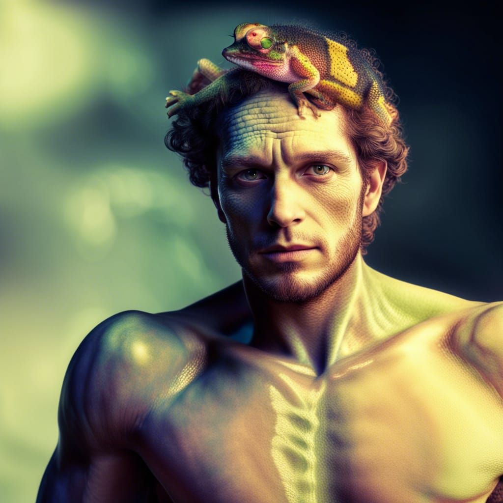 Hyperrealistic Chameleon-Man Fusion with Intricate Details