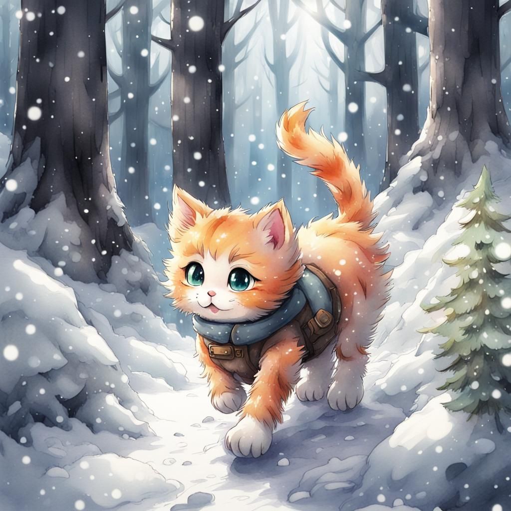 Kitten Walking in Snowy Forest: Mixed Media Painting