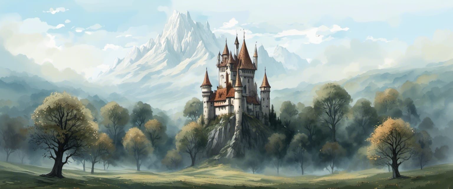 Medieval Castle Hall in Autumn Landscape Illustration