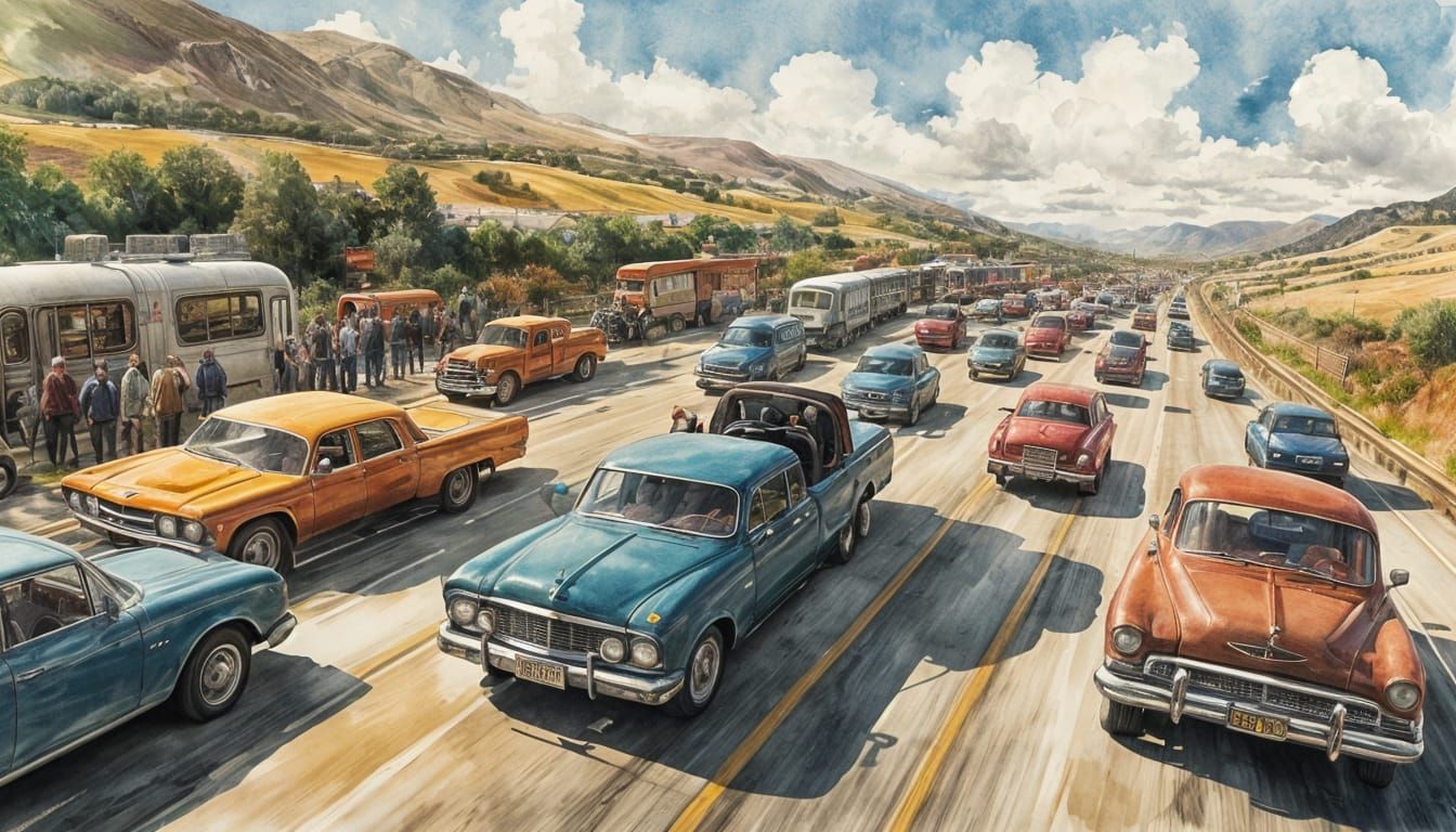 Busy Highway with Horses and Trains, Watercolor Style