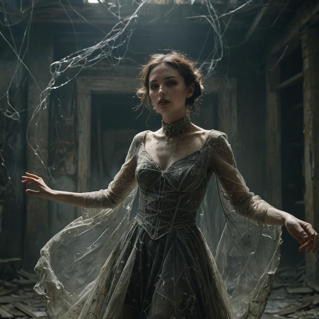 Ethereal Woman in Dystopian Cityscape