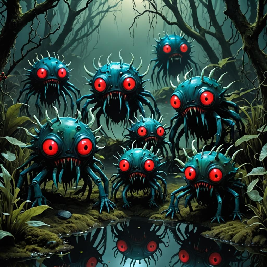 Bioluminescent Swamp Creatures in Tim Burton Style