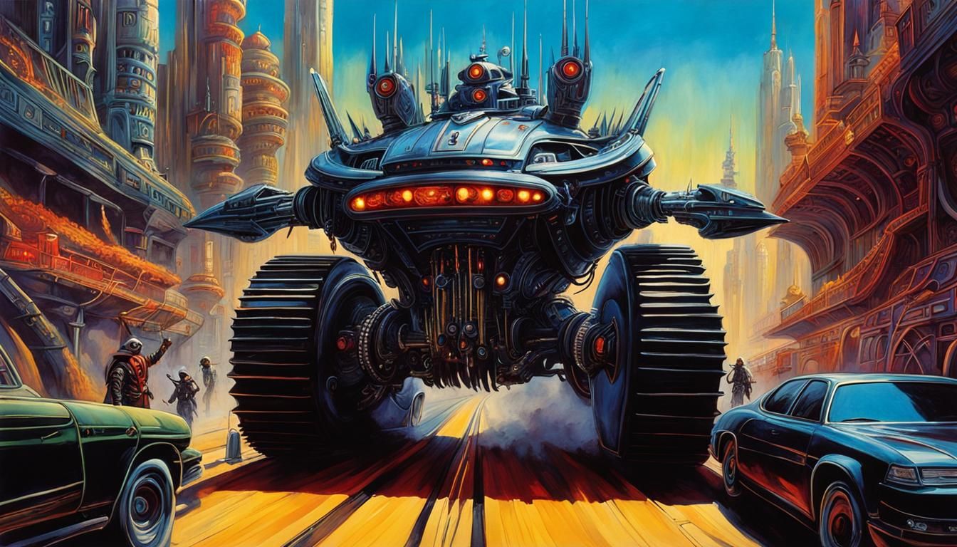 Robot Road Rage in Cyberpunk Sci-Fi Style