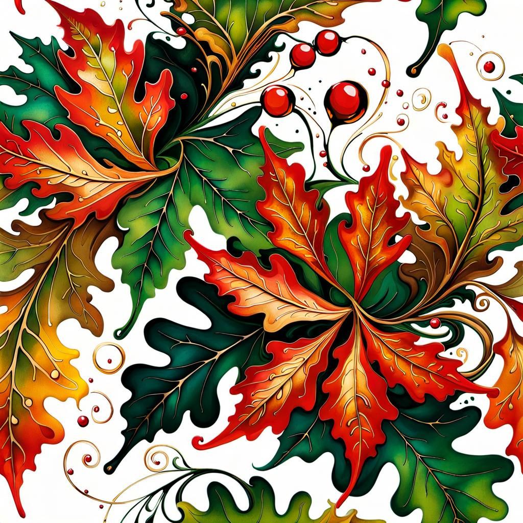 Botanical Illustration: Oak Leaves and Flower in Alcohol Ink