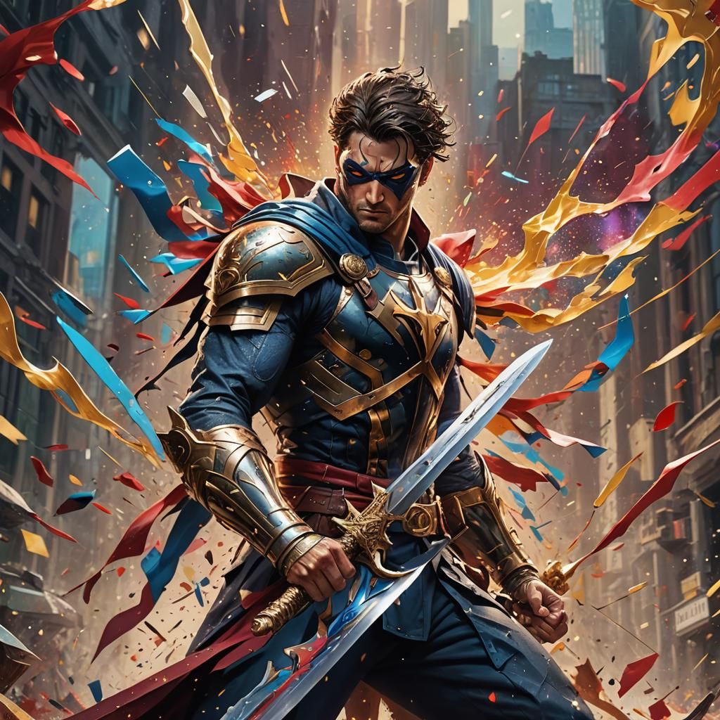 Superhero Sword in Hyperrealistic Splash Art Style