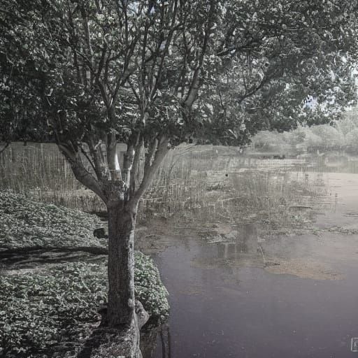 Hyperrealistic Lake Landscape with Beach and Trees